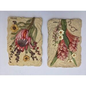 Two Vintage Cheri Blum 3D Floral Tiles Wall Plaques Resin Protea Ginger‎